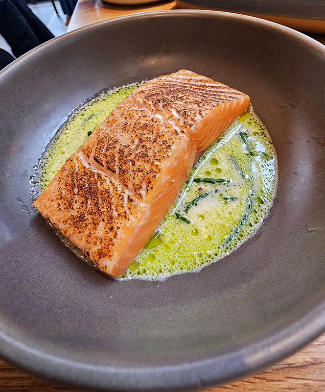 The Schelly. Poached chalk stream trout, samphire, vermouth, and dill.