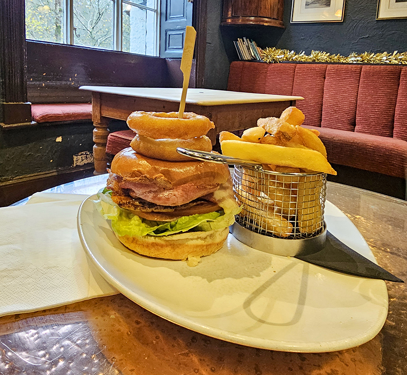 Badger Bar, Rydal, chicken burger with onion rings and chips