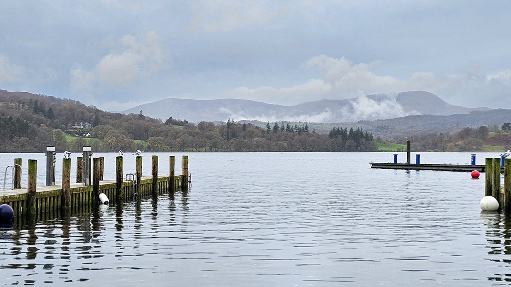 The marina, White Cross Holiday Park. Windermere and the distant fells.